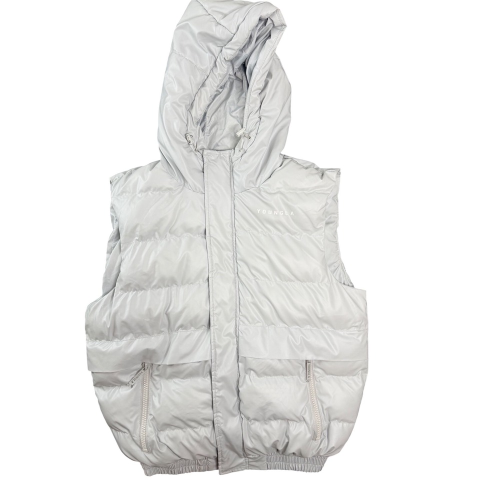 YoungLA 532 Hooded Puffer Vest Mens Medium Light Grey‎ Silver Quilted Full Zip